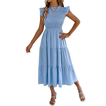 Women's Ruffle Cap Sleeve Smocked Midi Dress Mock Neck Tiered Flowy A Line Casual Sundress