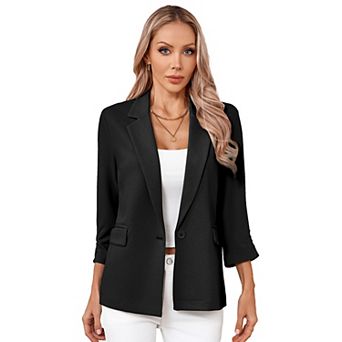 Women Long Blazer One Button Lapel 3/4 Sleeve Business Casual Jacket