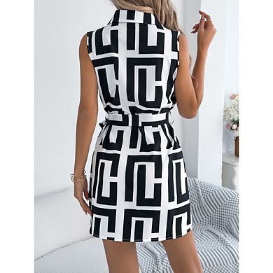 Women's Shirt Dresses Button Down Lapel Sleeveless Tie Printing Elegant Dress