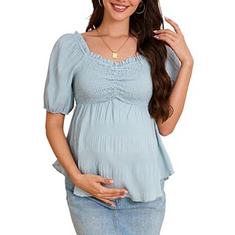 Womens Maternity Sweetheart Neck Smocked Boho Blouse Summer Puff Short Sleeve Top Flowy Casual Shirt