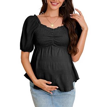 Womens Maternity Sweetheart Neck Smocked Boho Blouse Summer Puff Short Sleeve Top Flowy Casual Shirt