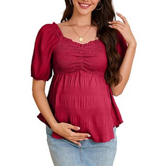 Womens Maternity Sweetheart Neck Smocked Boho Blouse Summer Puff Short Sleeve Top Flowy Casual Shirt