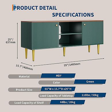 Danolapsi 55" Long Modern Fluted TV Stands with 2 Doors Storage & Adjustable Shelf for TV Up to 65"