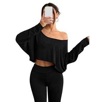 Womens Off Shoulder Long Sleeve Crop Tops Loose Casual T Shirt