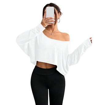 Womens Off Shoulder Long Sleeve Crop Tops Loose Casual T Shirt
