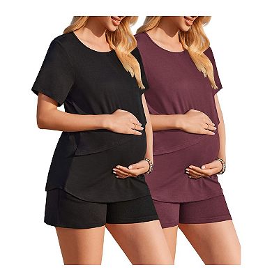 Ekouaer 2 Pack Women's Nursing Pajamas Set Double Layer Maternity Pjs Postpartum Loungewear Set