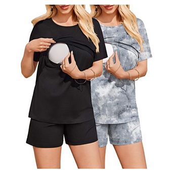 Ekouaer 2 Pack Women's Nursing Pajamas Set Double Layer Maternity Pjs Postpartum Loungewear Set