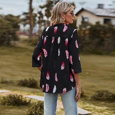 Women Casual Blouse 3/4 Sleeve V Neck Lightweight Shirt