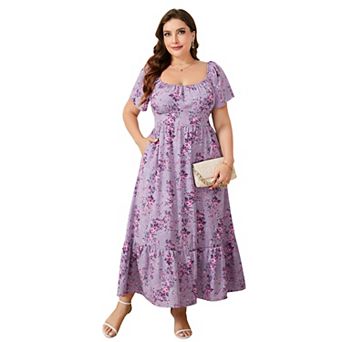 Women Plus Size Dress Square Neck Short Sleeve Floral Casual Sundress