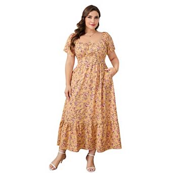 Women Plus Size Dress Square Neck Short Sleeve Floral Casual Sundress
