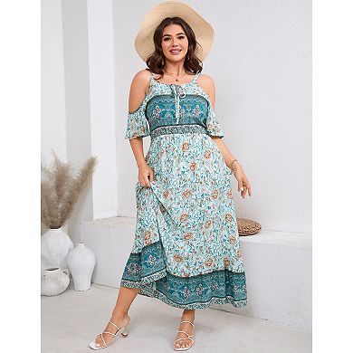 Plus Size Women Cold Shoulder Floral Dress Flowy Beach Sundress