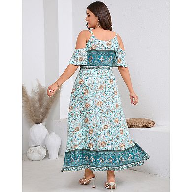 Plus Size Women Cold Shoulder Floral Dress Flowy Beach Sundress