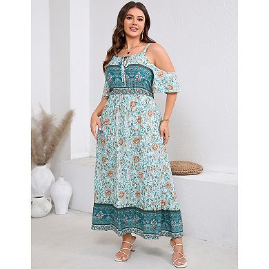 Plus Size Women Cold Shoulder Floral Dress Flowy Beach Sundress
