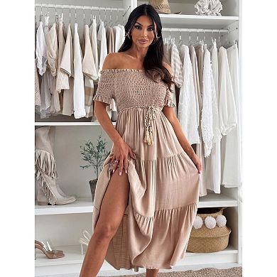 Women Off The Shoulder Ruched Tie Waist Dress