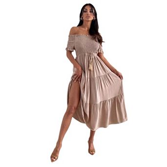 Women Off The Shoulder Ruched Tie Waist Dress