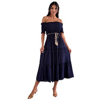 Women Off The Shoulder Ruched Tie Waist Dress
