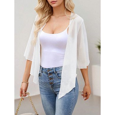 Women Sheer Tie Knot Cardigan Half Sleeve Lightweight Crop Top
