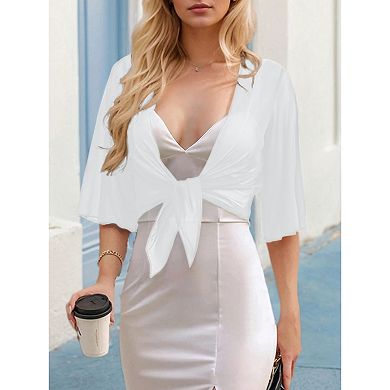 Women Sheer Tie Knot Cardigan Half Sleeve Lightweight Crop Top