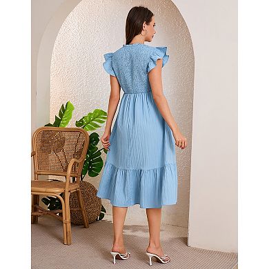 Women Maternity Smocked Ruffle Sleeve Dress Pregnancy Clothes