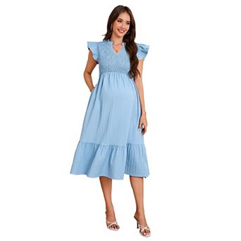 Women Maternity Smocked Ruffle Sleeve Dress Pregnancy Clothes