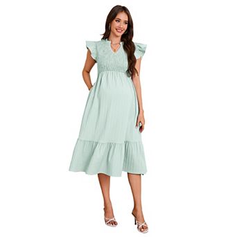 Women Maternity Smocked Ruffle Sleeve Dress Pregnancy Clothes