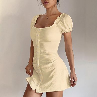 Women Short Sleeve Mini Dress Slim Button Down Casual Dress