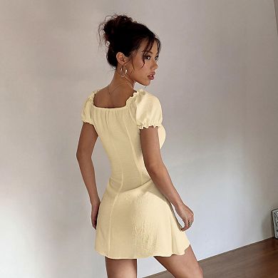 Women Short Sleeve Mini Dress Slim Button Down Casual Dress