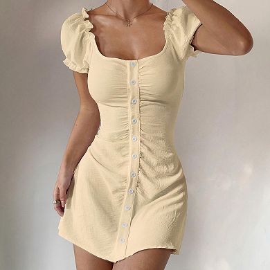 Women Short Sleeve Mini Dress Slim Button Down Casual Dress