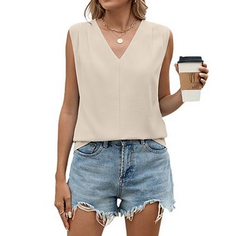 Women's Casual Dressy V Neck Sleeveless Tank Top Pleated Front Ruffle Trim Flowy Offfice Blouse