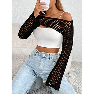 Women Crochet Hollow Out Sweater Shrug Long Sleeve Knit Top