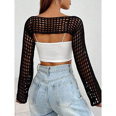 Women Crochet Hollow Out Sweater Shrug Long Sleeve Knit Top