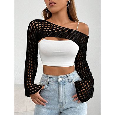 Women Crochet Hollow Out Sweater Shrug Long Sleeve Knit Top