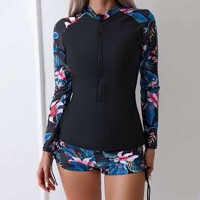 Women's Two Piece Set Rash Guar Long Sleeve Zip Front Swimsuit