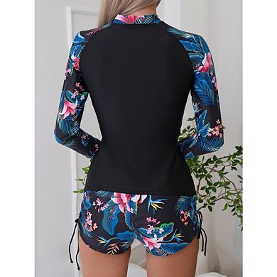 Women's Two Piece Set Rash Guar Long Sleeve Zip Front Swimsuit
