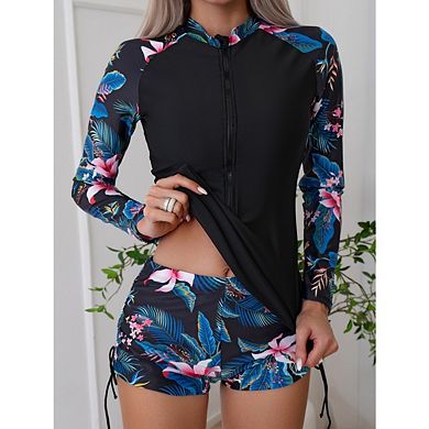 Women's Two Piece Set Rash Guar Long Sleeve Zip Front Swimsuit