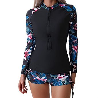 Women's Two Piece Set Rash Guar Long Sleeve Zip Front Swimsuit