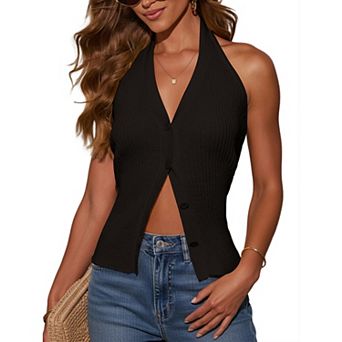 Women Halter Sweater Vest Button Down Sleeveless Knit Top