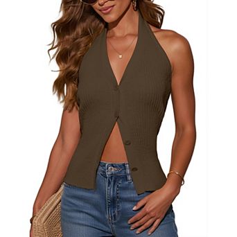 Women Halter Sweater Vest Button Down Sleeveless Knit Top