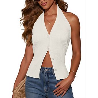 Women Halter Sweater Vest Button Down Sleeveless Knit Top