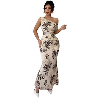 Women One Shoulder Satin Floral Bodycon Wedding Guest Dress
