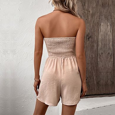 Women Strapless Beach Vacation Romper Button Tie Waist Short Jumpsuit