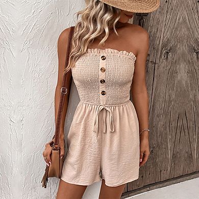 Women Strapless Beach Vacation Romper Button Tie Waist Short Jumpsuit