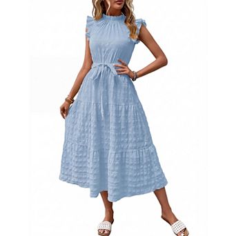Women Casual Dress Ruffle Short Sleeve Sundress with Belt