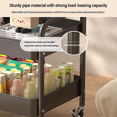 Danolapsi 3-Tier Rolling Utility Cart with 2 Wire Baskets & Top Shelf, Metal Storage Cart on Wheels