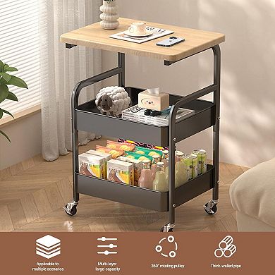 Danolapsi 3-Tier Rolling Utility Cart with 2 Wire Baskets & Top Shelf, Metal Storage Cart on Wheels