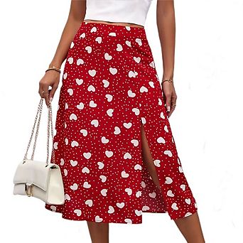 Women's Boho Skirt High Waist Side Split Dot Heart Printing Summer Beach Midi Skirts