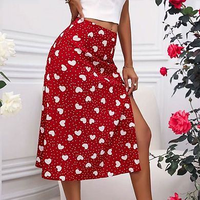 Women's Boho Skirt High Waist Side Split Dot Heart Printing Summer Beach Midi Skirts
