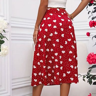 Women's Boho Skirt High Waist Side Split Dot Heart Printing Summer Beach Midi Skirts