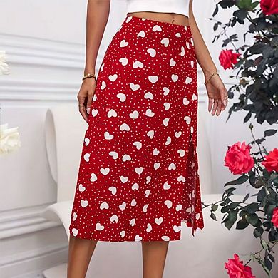 Women's Boho Skirt High Waist Side Split Dot Heart Printing Summer Beach Midi Skirts