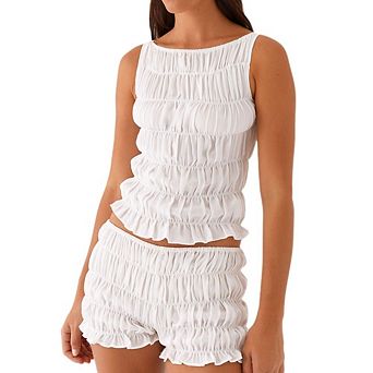Womens 2 pc Ruch Ruffle Trim Set Sleeveless Boat Neck Vest Elastic Waist Shorts Casual Loungewear